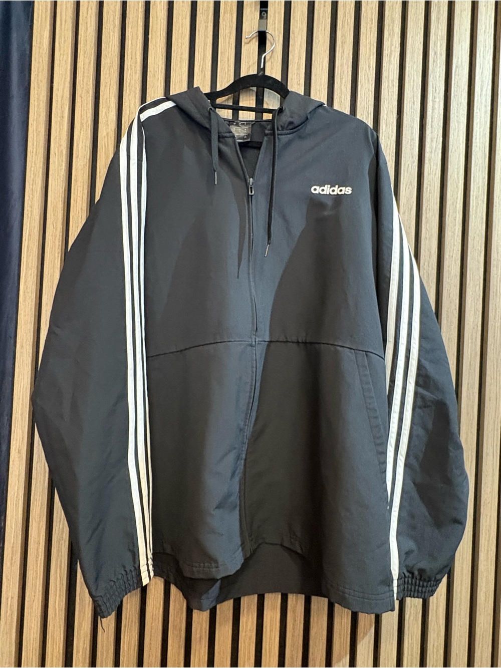 adidas Black Hooded Windbreaker with White Three-Stripes